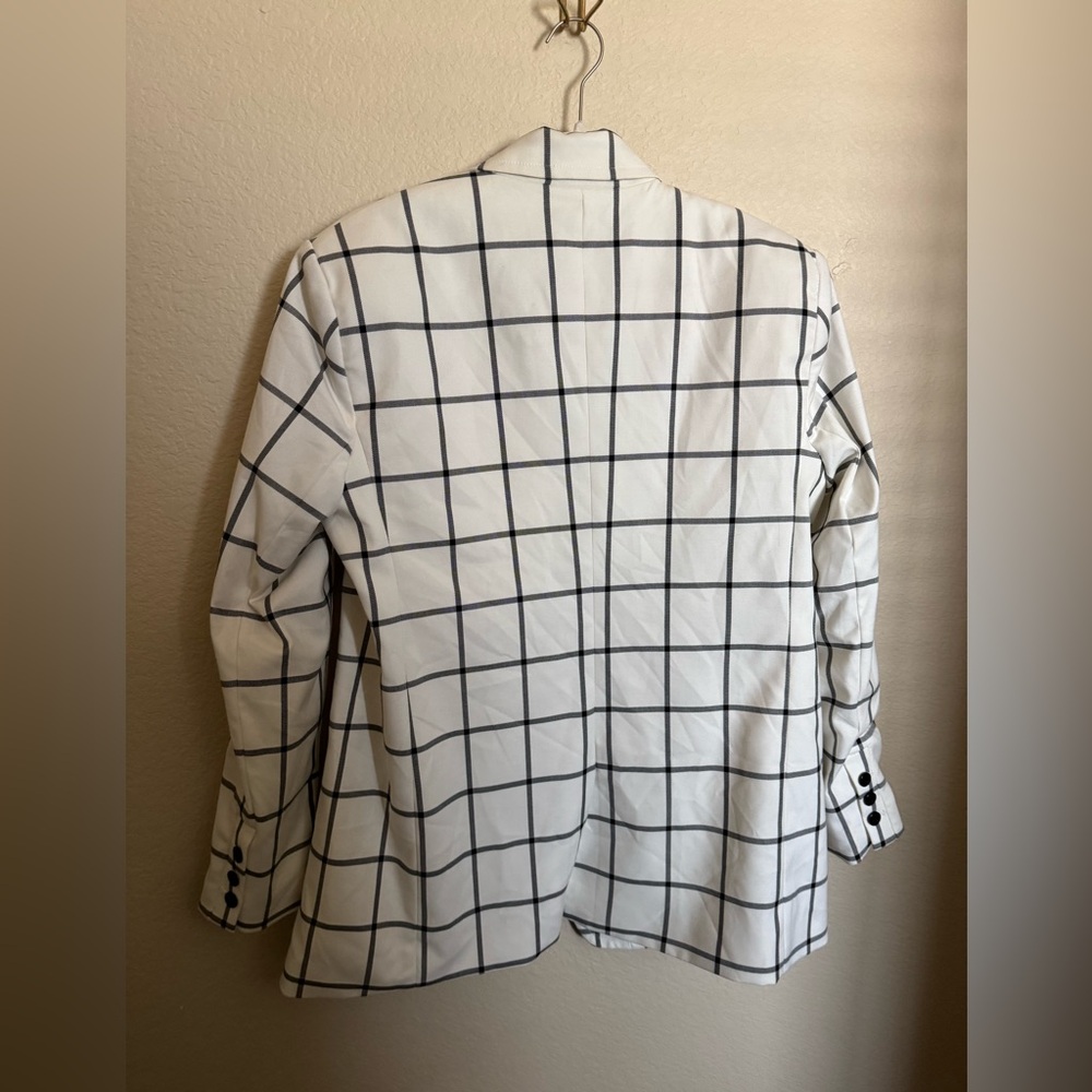 Alice and Olivia Breann Padded Shoulder Blazer Sz 12 Window Pane Plaid White - Picture 10 of 11